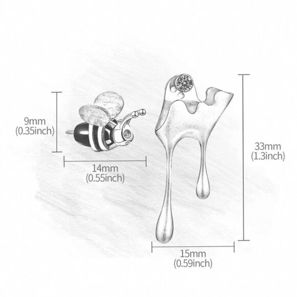 18K Gold Bumblebee & Dripping Honey Asymmetric Stud Earrings - Picture 10 of 10